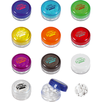 Kunststof rond potje gekleurd deksel met ca. 12 gr. mints TAMPONDRUK