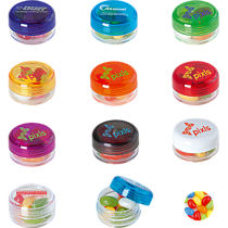 Kunststof rond potje gekleurd deksel met ca. 12 gr. jelly beans TAMPONDRUK