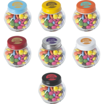 Kleine glazen pot gevuld met ca. 40 gr. choco carletties gekleurd deksel