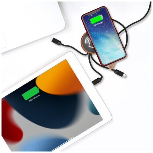 SCX.design C40 3-in-1 oplaadkabel van RPET met oplichtend logo en 10 W oplaadstation