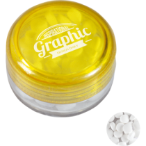 Kunststof rond potje gekleurd deksel met ca. 12 gr. mints TAMPONDRUK