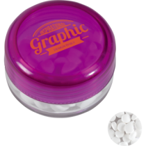 Kunststof rond potje gekleurd deksel met ca. 12 gr. mints TAMPONDRUK