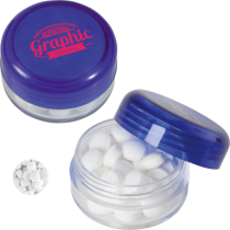 Kunststof rond potje gekleurd deksel met ca. 12 gr. mints TAMPONDRUK