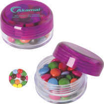 Kunststof rond potje gekleurd deksel met ca. 12 gr. choco carletties TAMPONDRUK