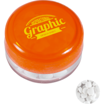 Kunststof rond potje gekleurd deksel met ca. 12 gr. mints TAMPONDRUK