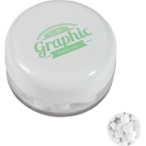 Kunststof rond potje gekleurd deksel met ca. 12 gr. mints TAMPONDRUK