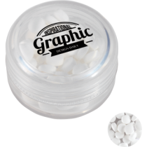 Kunststof rond potje gekleurd deksel met ca. 12 gr. mints TAMPONDRUK