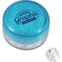 Kunststof rond potje gekleurd deksel met ca. 12 gr. mints TAMPONDRUK
