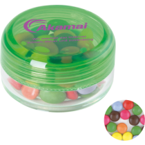 Kunststof rond potje gekleurd deksel met ca. 12 gr. choco carletties TAMPONDRUK
