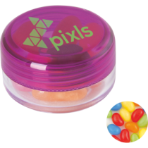 Kunststof rond potje gekleurd deksel met ca. 12 gr. jelly beans TAMPONDRUK