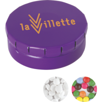 Rond click clack blik 45 mm met ca. 12 gr. mintjes TAMPONPRINT