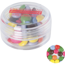 Kunststof rond potje gekleurd deksel met ca. 12 gr. choco carletties TAMPONDRUK