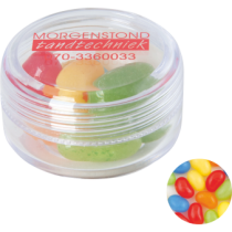 Kunststof rond potje gekleurd deksel met ca. 12 gr. jelly beans TAMPONDRUK