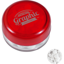Kunststof rond potje gekleurd deksel met ca. 12 gr. mints TAMPONDRUK
