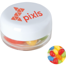 Kunststof rond potje gekleurd deksel met ca. 12 gr. jelly beans TAMPONDRUK