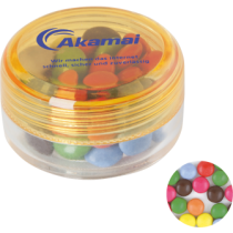 Kunststof rond potje gekleurd deksel met ca. 12 gr. choco carletties TAMPONDRUK