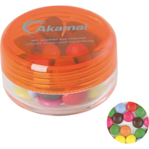 Kunststof rond potje gekleurd deksel met ca. 12 gr. choco carletties TAMPONDRUK