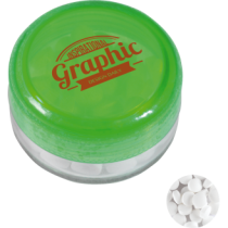 Kunststof rond potje gekleurd deksel met ca. 12 gr. mints TAMPONDRUK
