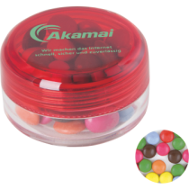 Kunststof rond potje gekleurd deksel met ca. 12 gr. choco carletties TAMPONDRUK