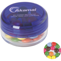 Kunststof rond potje gekleurd deksel met ca. 12 gr. choco carletties TAMPONDRUK