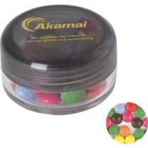 Kunststof rond potje gekleurd deksel met ca. 12 gr. choco carletties TAMPONDRUK