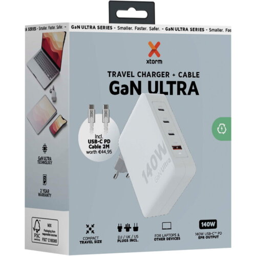 Xtorm XVC2140 GaN Ultra reislader van 140 W met USB-C PD kabel 240 W
